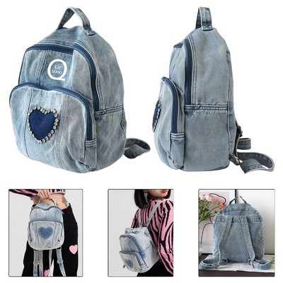 Trendy Denim Backpack W/ Heart Rhinestones-Vintage Washed