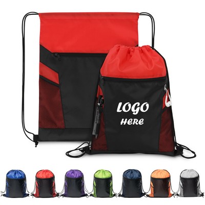 Zippered Drawstring Backpack With Mesh Pockets